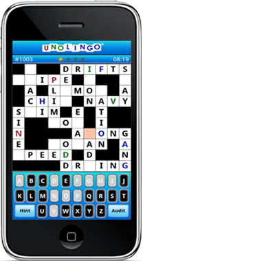 Phone screen with Unolingo word puzzle.